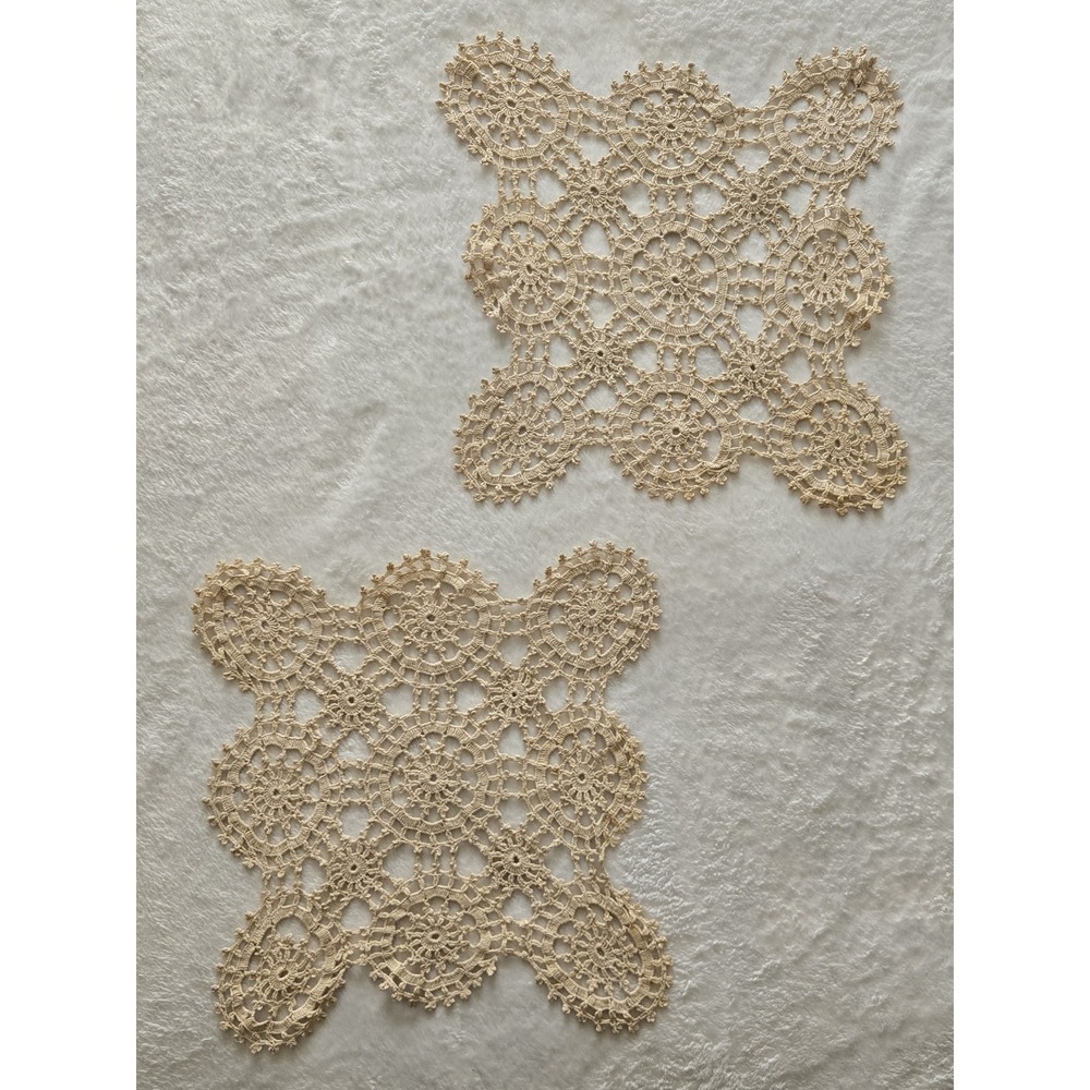 Vintage Hand Crocheted Lace Doily Mats Set of 2 Beige Cotton Square Table Decor